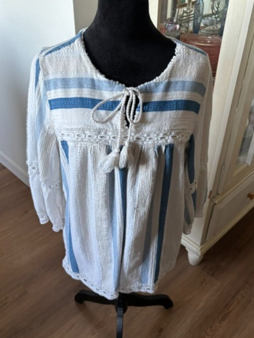 Cafe Marrakesh Boho Peasant 3/4 Sleeve Top Beachy Vibes EUC L